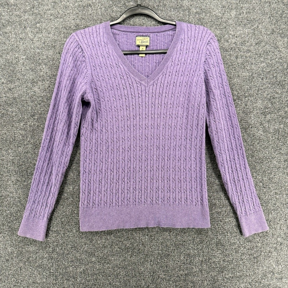 GH Bass Sweater Womens M Purple Cable Knit V-Neck Fisherman Old Money Preppy